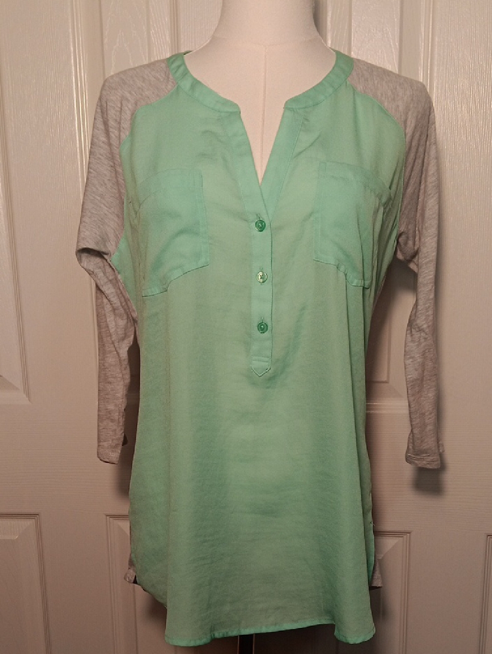 Express Mint-Green Semi Sheer Tunic with Light Gray 3/4 Raglan Sleeves